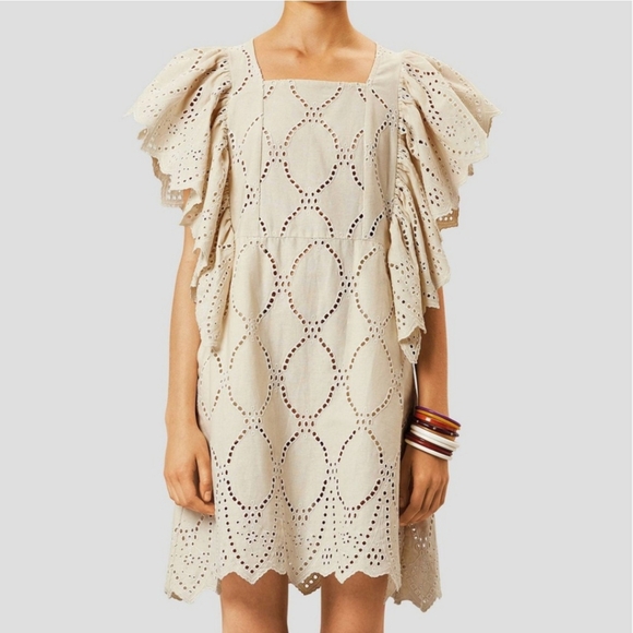 MUNTHE Hico Ruffle Sleeve Eyelet Embroidered Cream Shift Mini Dress Sz 36 - Picture 2 of 11